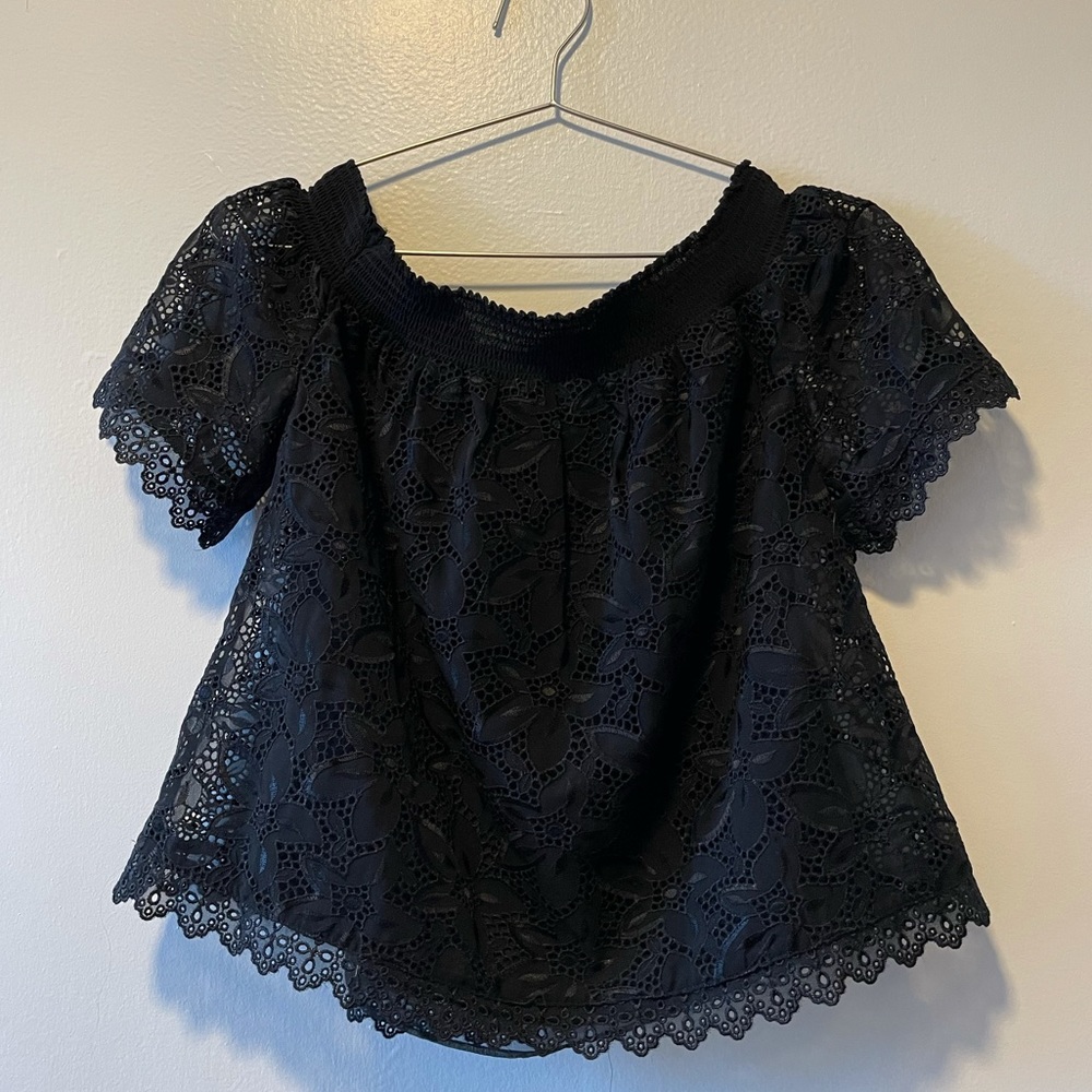 Karen Miller Black Off-Shoulder Crochet Top, Sz 2 - Picture 1 of 6